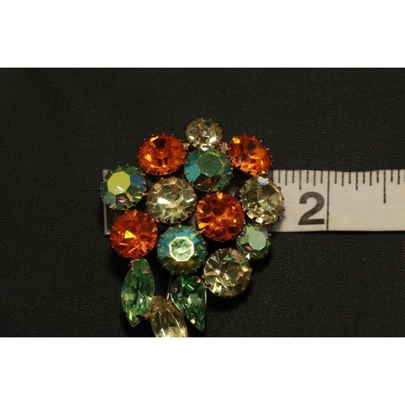 Vintage Karu Arke Brooch Green/Amber AB Aurora Borealis Rhinestone Prong Set Pin - Picture 8 of 8